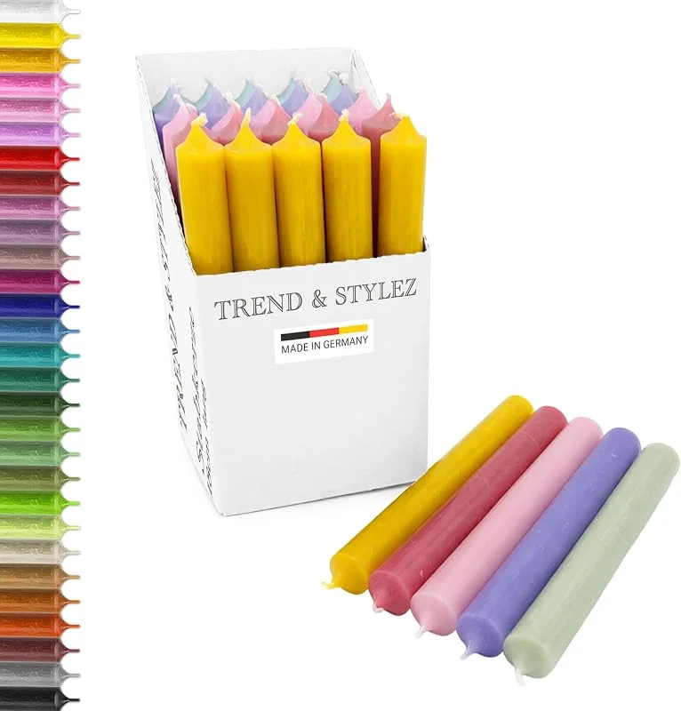 Marke: TrendandStylez Stabkerzen 18 cm bunt sortiert, 25er Set Tafelkerzen Ø22 mm Made in Germany, Premium Qualität, Spitzkerzen rußarm & tropfarm – lange Brenndauer Dinnerkerzen für Kerzenständer (Sortierung - 1) — Kerzenlicht Abendessen
