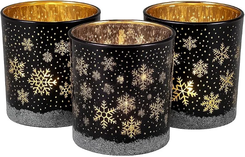 Marke: khevga khevga Windlicht Weihnachten Winter aus Glas im Set Schwarz Weiß Gold Silber (Blau_Schwarz_Schneeflocke, 3er Set) — Advent und Tisch