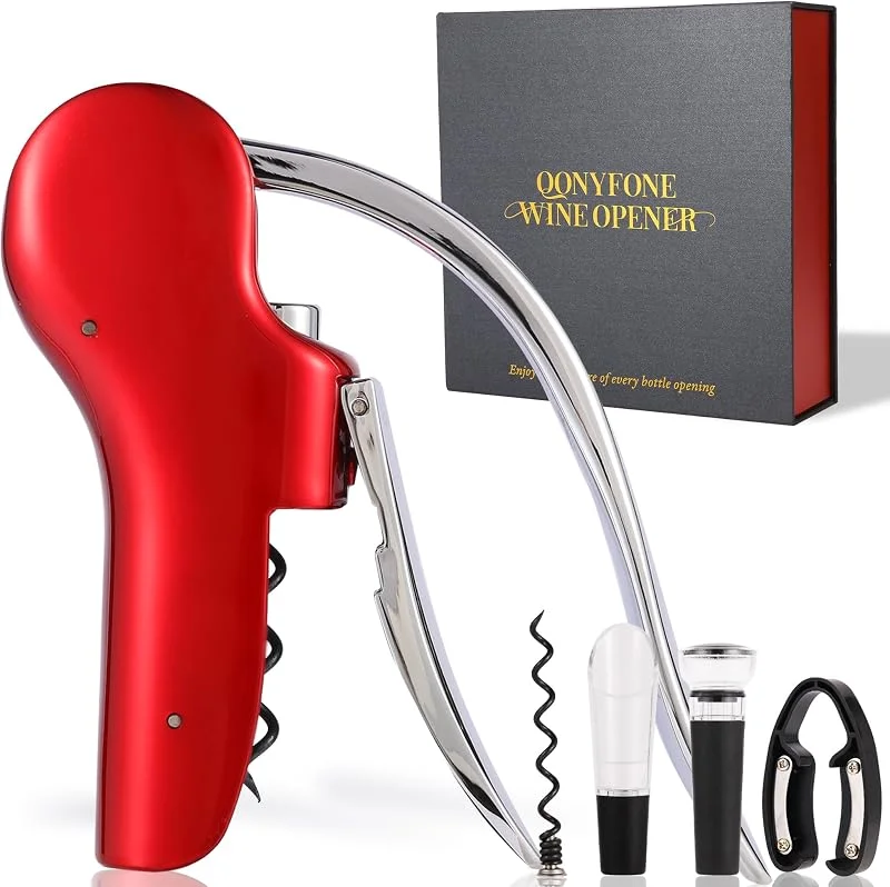 Marke: QONYFONE Weinflasche Korkenzieher Öffner, Vertikaler Hebel Korkenzieher 5-teiliges Set, Manuelles Vertikales Design, Inklusive Weinfolienschneider, Extra Spirale, Weinausgießer und Weinverschluss — Wein und Festtafel