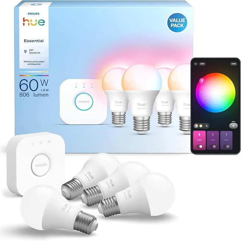 Philips Hue Essential Starter-Set: Bridge + 4x E27 Smart LED Lampen — Weihnachtsbeleuchtung