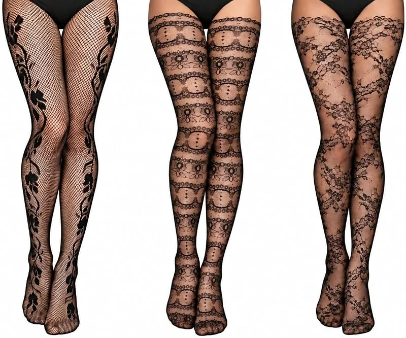 Marke: MYSASI MYSASI Damen Strumpfhosen, 40 Denier, gemustert, Einheitsgröße, 3 Paar, Blumenranke, Vintage, Spitze, Streifen, romantisch, florale Spitze, Schwarz — Weihnachtsmode