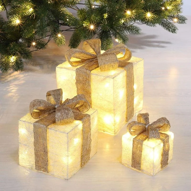 Besuche den bonsport-Store 3er-Set LED Deko Geschenke Geschenkboxen für Weihnachten, beige — Geschenkverpackung