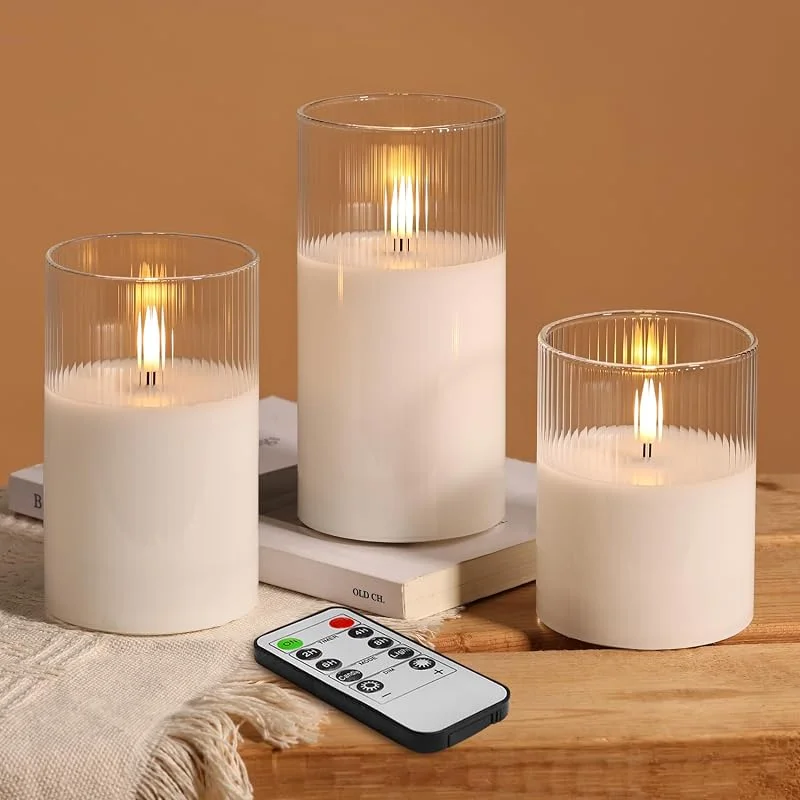 Besuche den Eywamage-Store Eywamage Flammenlose Stumpenkerzen aus Glas, geriffelt, klar — Kerzenlicht Abendessen
