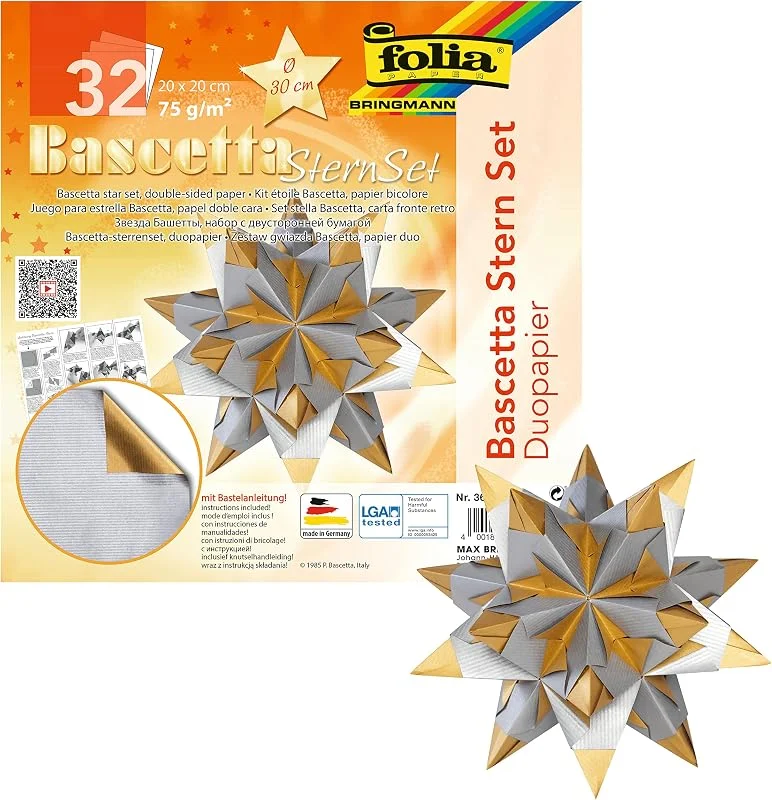 Besuche den folia-Store folia 366, 2020 - Bastelset Bascetta Stern Duo silber, gold, 32 Blatt, 20 x 20 cm, fertige Größe des Papiersterns ca. 30 cm, mit ausführlicher Anleitung - ideal zur zeitlosen Dekoration — Weihnachtsdeko