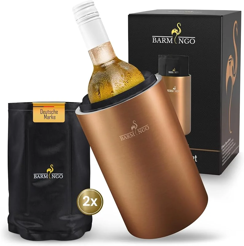 Besuche den BARMINGO-Store Weinkühler Edelstahl mit Kühlakkus – Getränkekühler & Flaschenkühler für Wein, Sekt, Champagner, Sektkühler doppelwandig mit Kühlmanschetten, Wine Cooler, Wein Kühler, Kupfer — Wein und Festtafel