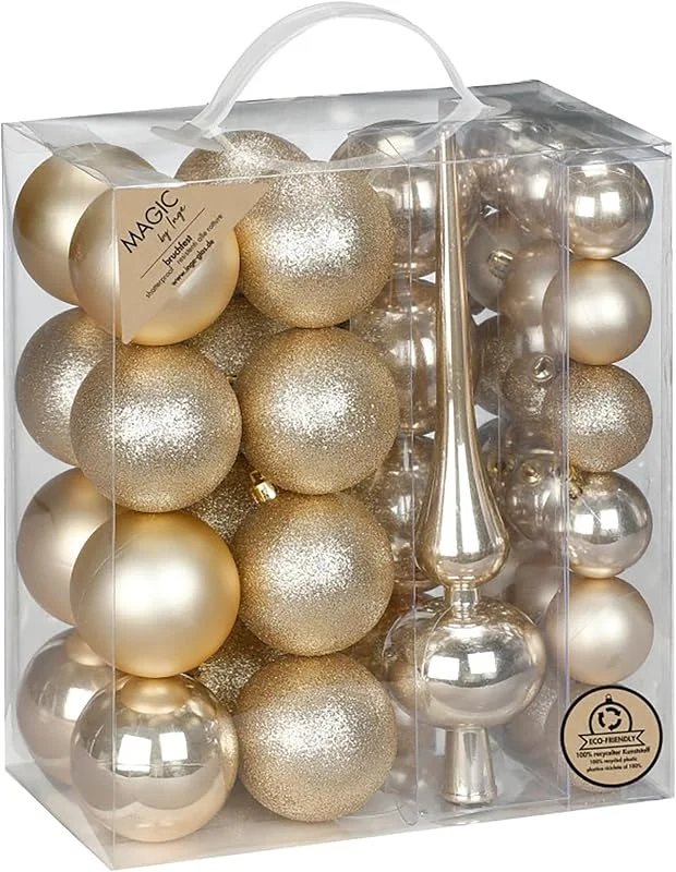 Besuche den Inge-glas-Store Weihnachtskugeln Kunststoff 4-6cm mit Spitze 39er Set - bruchsichere Christbaumkugeln Weihnachtsbaumkugeln und Christbaumspitze - Christbaumschmuck & Weihnachtsbaumschmuck - Champagner - Creamy Gold — Weihnachtsdeko
