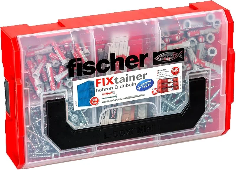 Besuche den fischer-Store fischer FixTainer bohren & dübeln, Dübelbox mit 306 Teilen, inkl. DuoPower Dübel, Schrauben, Zollstock, Flaschenöffner, Wasserwaage, praktische Werkzeugkiste mit Tragegriff & Klicksystem — Wein und Festtafel