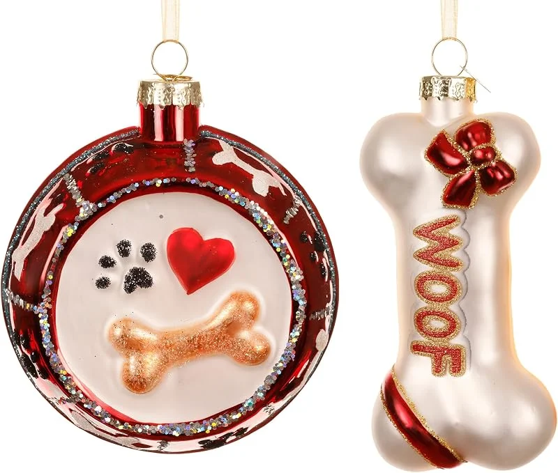 Marke: Kaemingk Kaemingk Christbaumschmuck Glas 11cm - Hunde Napf & Knochen Figuren zum Aufhängen - 2er Set - Weihnachtsbaum Anhänger für Weihnachten - Christbaumanhänger & Weihnachtsbaumschmuck - Tiere Rot Beige — Weihnachtsdeko
