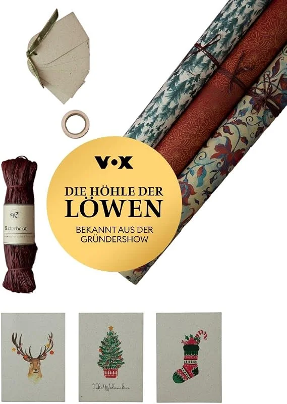 Besuche den PÁPYDO-Store PÁPYDO Weihnachten Set 3 Rollen Geschenkpapier, 3 Grußkarten, 5 Geschenkanhänger, Klebeband, Geschenkband I nachhaltig, regional, Graspapier — Geschenkverpackung