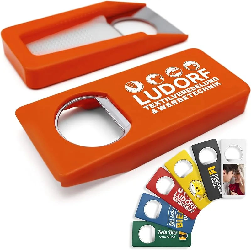 Besuche den #teamludorf-Store Personalisierte Flaschenöffner mit Verschluss (10 Stück, Orange) – Mit eigenem Foto, Logo & Text bedruckbar – Nachhaltig aus Recycling-Kunststoff — Wein und Festtafel