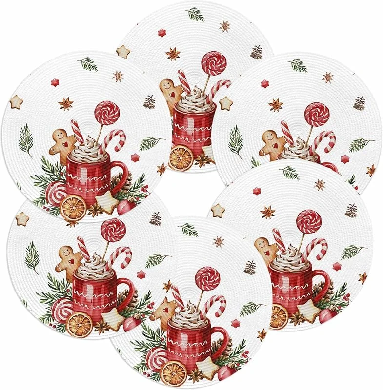 Marke: Home L6 Weihnachtliche runde Tischsets für Esstisch, Set mit 6 Lebkuchen, Zuckerstange, Platzsets, Kreis, waschbar, gewebt, Weihnachtskugel, geflochtene Tischmatte für Weihnachten, Küche, Zuhause, Abendessen — Küche & Haushalt
