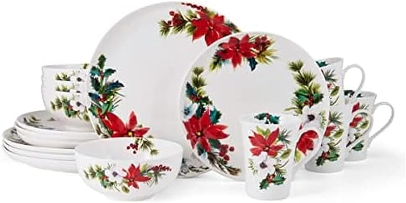 Besuche den MIKASA-Store Mikasa Hope Joy Geschirr-Set mit Weihnachtsstern aus Knochenporzellan, leicht, splitterfest, 16-teilig, mehrfarbig — Advent und Tisch