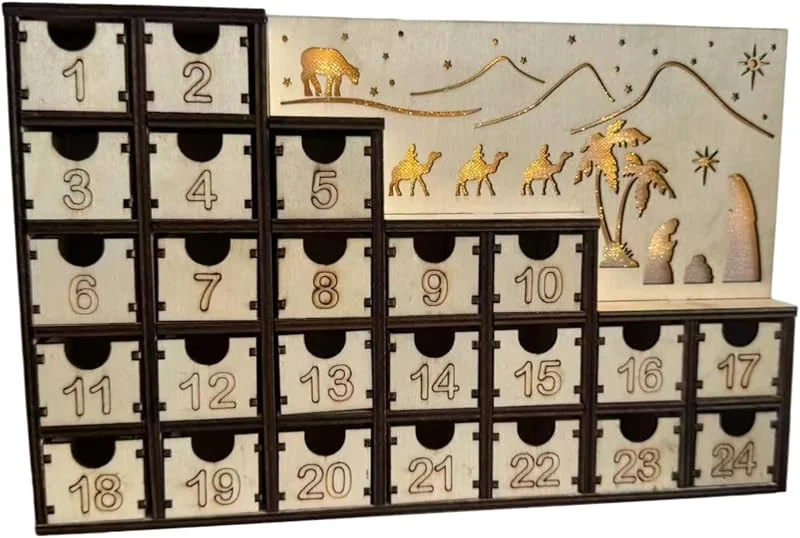 Marke: BEAHING Holz-Adventskalender mit LED-Schubladen, 24-Tage-Weihnachts-Countdown-Kalender, DIY, leere Adventskalender zum Befüllen, wiederverwendbare Partydekoration — Advent und Tisch
