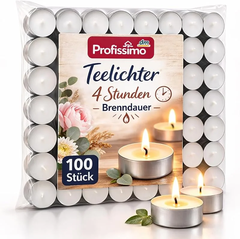 Marke: Profissimo Teelichter - Bis zu 4h Brenndauer - 100 Stück - gleichmäßig & raucharm, ideal für Deko & Atmosphäre — Kerzenlicht Abendessen