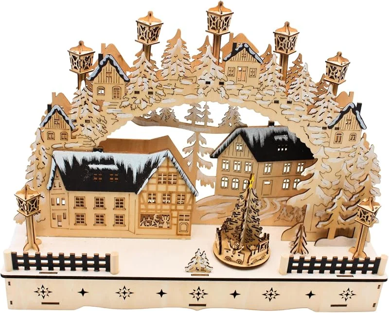 Besuche den Dekohelden24-Store LED Holz Schwibbogen, Lichterbogen, Schwippbogen, Leuchterbogen, Fenster Schwibbogen mit bewegtem Tannenbaum inklusive Netzteil als auch Batteriebetrieb möglich, L, B, H ca. 45 x 12 x 35 cm. — Weihnachtsdeko