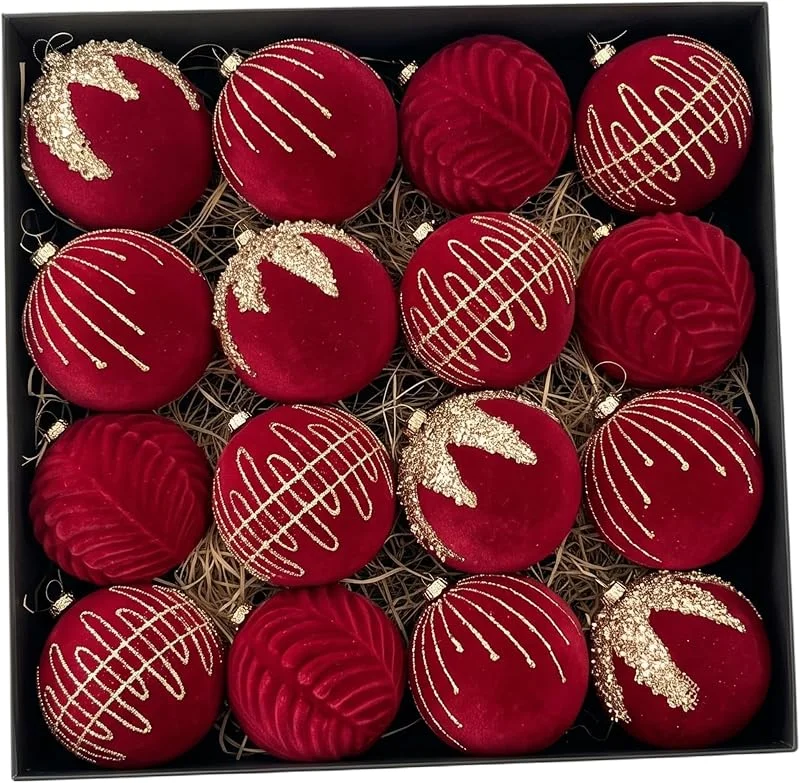 Marke: Faticenic 16-teiliges Weihnachtsbaumschmuck-Set mit Schleife, Samt-Weihnachtsschmuck, beflockte Dekorationen für Feiertags-Weihnachtsbaumszenen-Arrangement, weinrot, 3, 15 Zoll — Weihnachtsdeko