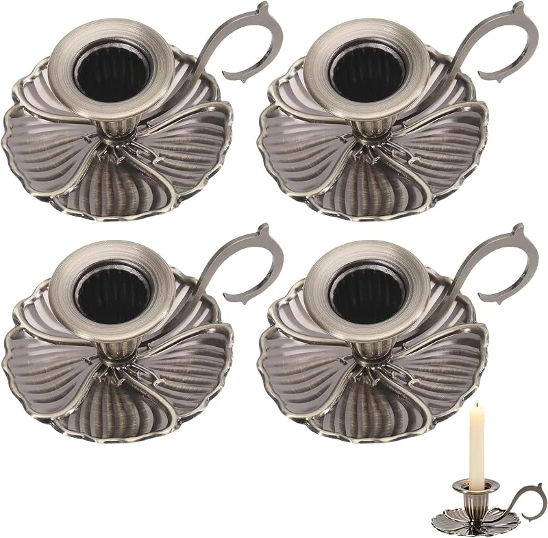 Besuche den GLOBLELAND-Store GLOBLELAND 4 Set Goldener Spitzkerzenhalter Mit Griff Und Tropfschalen — Kerzenlicht Abendessen