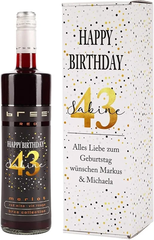 Besuche den Herz & Heim-Store BREE Weinflasche (1 x 0.75 l) Geburtstagswein personalisiert mit Namen und Alter (merlot, Flasche + Verpackung) — Wein und Festtafel