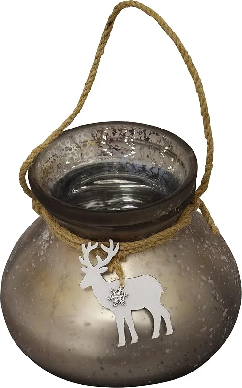 Besuche den CHICCIE-Store Windlicht bauchig aus Glas grau 18cm mit Juteseil und Holzhänger Elch — Kerzenlicht Abendessen