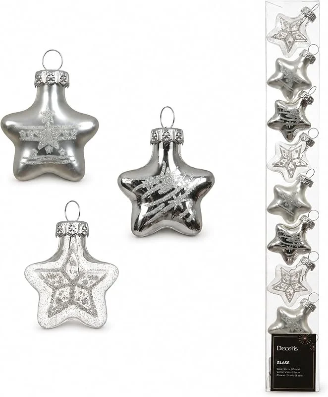Marke: Decoris Christbaumschmuck Sterne Mix 3cm Glas 9er Set - matt & glänzend - kleine Christbaumkugeln für Weihnachtsbaum Deko - Weihnachtskugeln Weihnachten - Weihnachtsbaumschmuck - Silber — Weihnachtsdeko