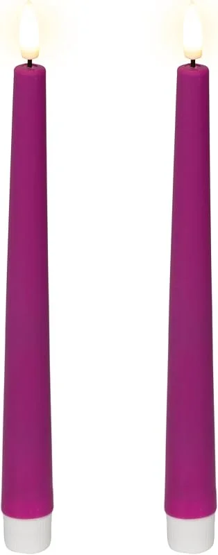 Marke: Lumineo Lumineo LED Kerzen mit Timerfunktion 25, 5cm Kunststoff - Outdoor & Indoor - 2er Set Plastikkerzen batteriebetrieben - flackernde Flamme Effekt - Stabkerzen Lila Warmweiß — Kerzenlicht Abendessen