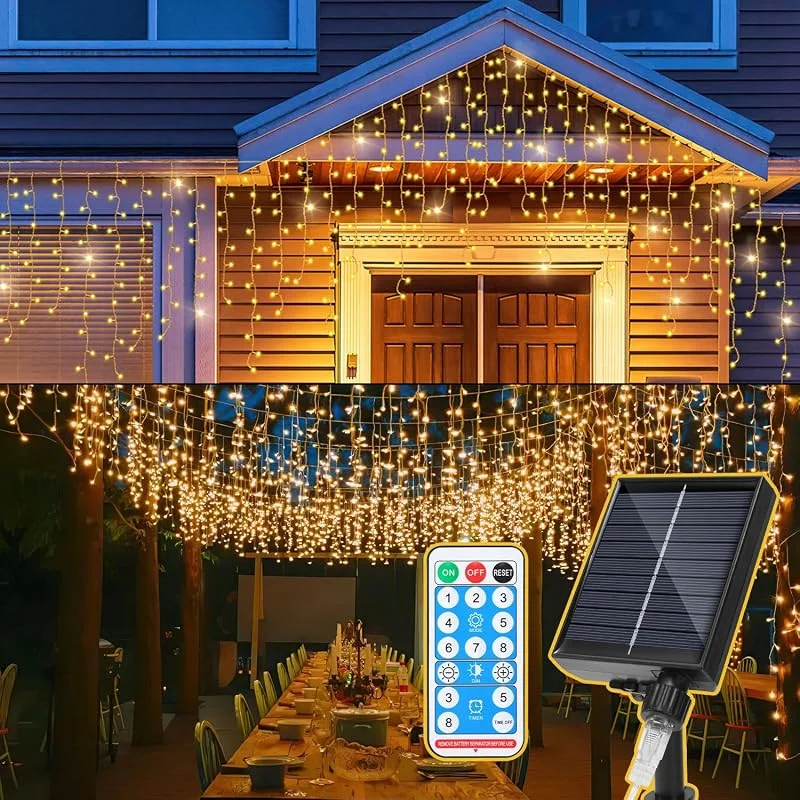Besuche den Fiqops-Store Fiqops Solar Eisregen Lichterkette Außen 10m Warmweiß 396 leds Solarlichterkette mit batterie & fernbedienung lichterketten aussen für Party Garten Weihnachten Hochzeit Beleuchtung Deko — Weihnachtsbeleuchtung