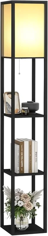 Besuche den Fullwatt-Store Fullwatt Stehlampe mit Holzregal Innenbeleuchtung Holz Stehleuchte mit Regalen für Schlafzimmer und Wohnzimmer (schwarz) — Kerzenlicht Abendessen